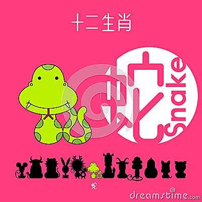 Chinese zodiac sign snake with Chinese character `snake` Vector Illustration