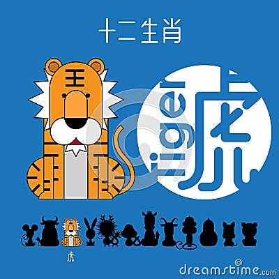 Chinese zodiac sign tiger with Chinese character `tiger` Vector Illustration