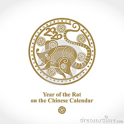 Chinese Zodiac Sign Year of Rat. White Metallic Gold Rat 2020. Stock Photo