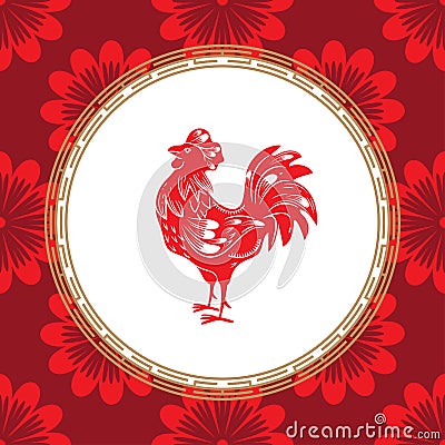 Chinese zodiac sign year of the rooster. Red cock with white ornament Vector Illustration