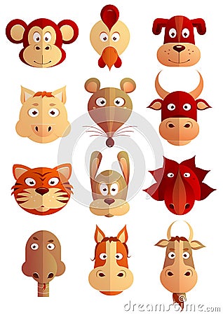 Chinese zodiac symbols as cartoon animals Vector Illustration