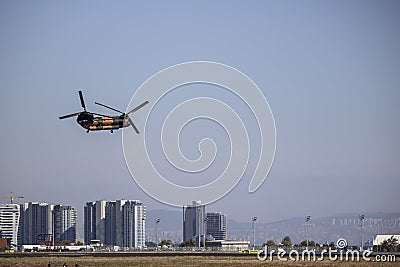 Chinook helicopter demonstration flight. Filmed at Tekno fest 2019 festival Editorial Stock Photo