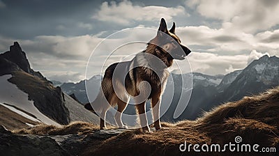 Chinook's Adventurous Trek in the Alpine Landscape Stock Photo