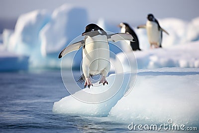 Chinstrap penguins Pygoscelis chinstrap on ice floe, Adelie penguin jumping between two ice floes, AI Generated Stock Photo