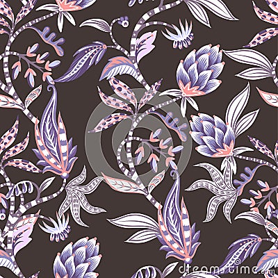 Chintz seamless pattern with flowers and leaves. Vector. Vector Illustration