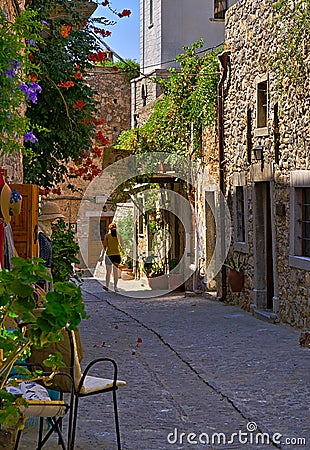 Cobblestone alley in Medieval village of Mesta Stock Photo