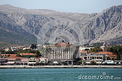 Chios Island harbour and a mosque in Greece Editorial Stock Photo