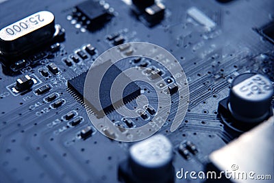 Chip board and processor technology digital close up Stock Photo