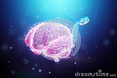 A chip implanted in the brain, neurotechnology, a microprocessor connected electrically to human neurons. Neural networks, Stock Photo