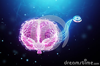 A chip implanted in the brain, neurotechnology, a microprocessor connected electrically to human neurons. Neural networks, Stock Photo
