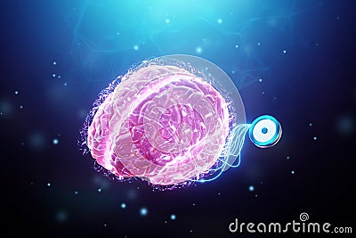 A chip implanted in the brain, neurotechnology, a microprocessor connected electrically to human neurons. Neural networks, Stock Photo