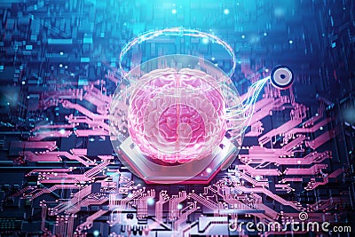 A chip implanted in the brain, neurotechnology, a microprocessor connected electrically to human neurons. Neural networks, Stock Photo