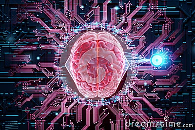 A chip implanted in the brain, neurotechnology, a microprocessor connected electrically to human neurons. Neural networks, Stock Photo