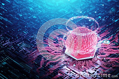 A chip implanted in the brain, neurotechnology, a microprocessor connected electrically to human neurons. Neural networks, Stock Photo