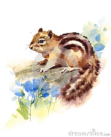 Chipmunk Blue Flowers Watercolor Wild Animal Rodent Hand Drawn Illustration isolated on white background Cartoon Illustration