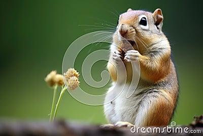a chipmunk stuffing its cheeks with seeds from a garden Stock Photo