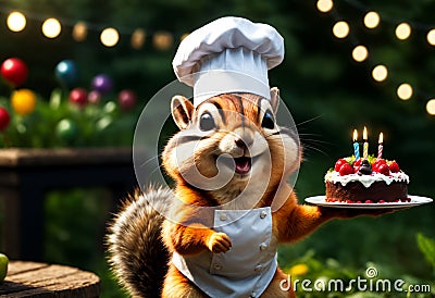 Chipmunk wearing chef hat, holding birthday cake. Generative AI Stock Photo
