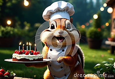 Chipmunk wearing chef hat, holding birthday cake. Generative AI Stock Photo