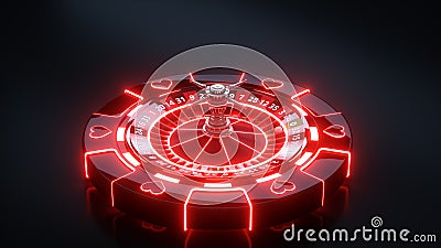 Chips and Casino Roulette Wheel Concept Design. Casino Gambling Roulette With Neon Lights - 3D Illustration Stock Photo