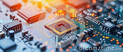 Chips in circuit board, automated assembly of pcb at semiconductor plant. Light of machine line in computer factory. Concept of Stock Photo