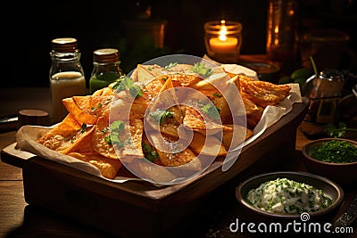 Chips in a handcrafted paper box on the wooden plate, upper view with co Stock Photo