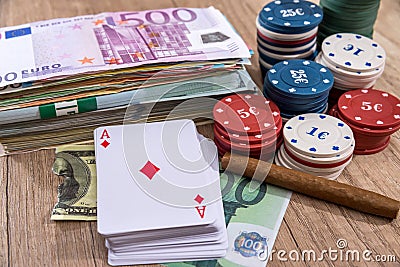 Chips, paly card money on desk. Stock Photo