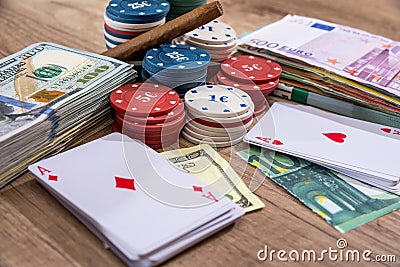 Chips, paly card, money on desk. Stock Photo