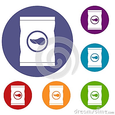 Chips plastic bag icons set Vector Illustration