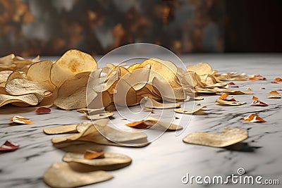 Chips potato snack scattered on table. Generate ai Stock Photo