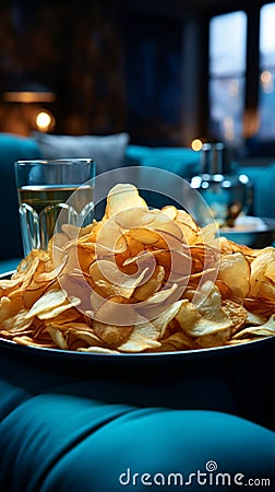 Chips snack, prominently placed on a coffee table in a chic blue decorated lounge Stock Photo
