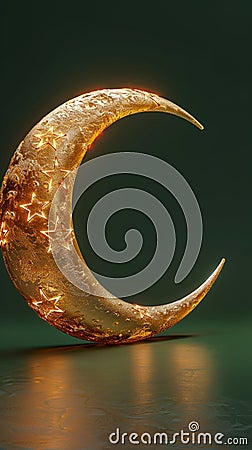 Golden crescent moon shines in 3D Ramadan Kareem design Stock Photo