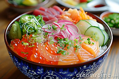 Chirashi Bowl: A colorful bowl of vinegared rice topped with a variety of sashimi, vegetables, and garnishes. Stock Photo
