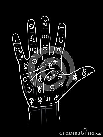 Chiromancy And Palmistry (Chart with signs and symbols) Vector Illustration