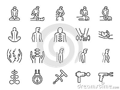 Chiropractic line icon set. Included the icons as Chiropractor, spline treatment, massage, Osteopath, Osteopathy, joint recovery, Vector Illustration