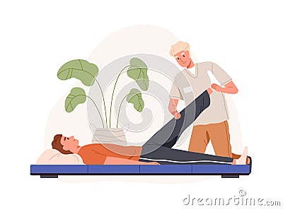 Chiropractor and patient at physiotherapy rehabilitation. Physiotherapist adjusting leg. Rehab chiropractic therapy and Vector Illustration