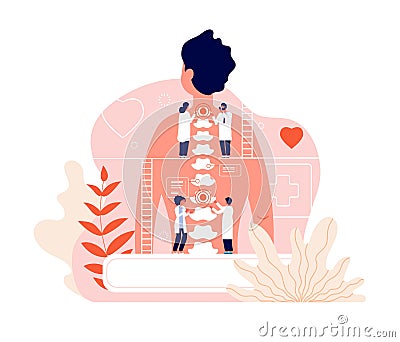 Chiropractor. Spine disease diagnosis problems and treatment pain. Chiropractors and back of patient. Natural osteopathy Vector Illustration