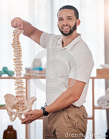 Chiropractor, spine of skeleton and portrait of doctor for healthcare, medical and orthopedic anatomy. Physiotherapy Stock Photo