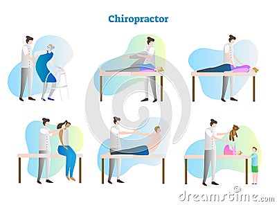 Chiropractor vector illustration collection set. Doctor, therapist, nurse or masseur exam sick person in hospital or clinic. Vector Illustration