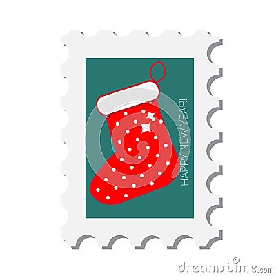 Chirstmas postal stamp with gift stocking. New year postage symbol with sock. Vector icon Vector Illustration