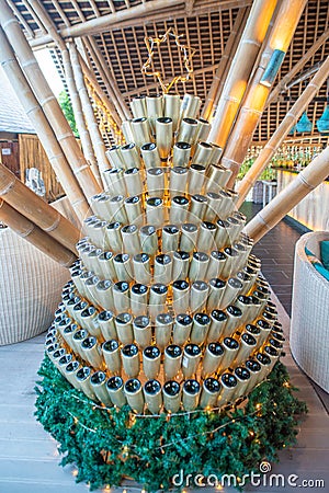 Chirstmas tree made from champaigne bottles Stock Photo