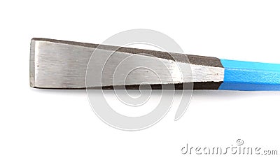 Chisel hand tool closeup isolated on white background, Heavily used stone chisel or masonry chisel Stock Photo