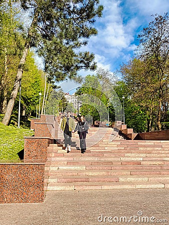 Chisinau, Moldova - APR, 2023: Stairs in the Valea Morilor park, people walking, springtime Editorial Stock Photo