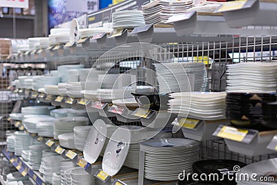 Chisinau, Moldova - January 23, 2022 Kitchen utensils, tableware and items from various manufacturers on shelves of Metro Cash Editorial Stock Photo