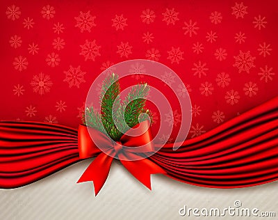 Chistmas holiday background with gift glossy bow and ribbons. Vector Illustration