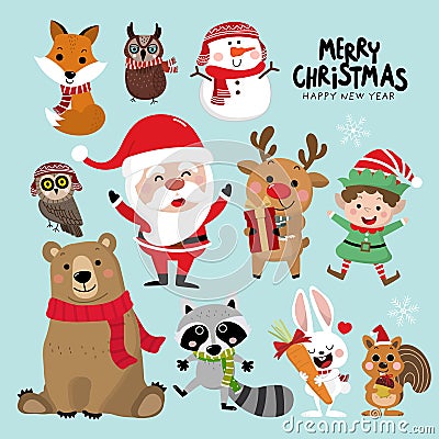 Cute forest animals and Santa Claus in Christmas holidays. Wildlife cartoon character set. Elf, snowman, deer, bear, owl, r Vector Illustration