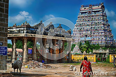 Highly decorated gopuram entrance to Shiva Nataraja temple Editorial Stock Photo