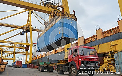 Inside of chittagong port yard and container handling from ship.loading unloading photographs. Editorial Stock Photo