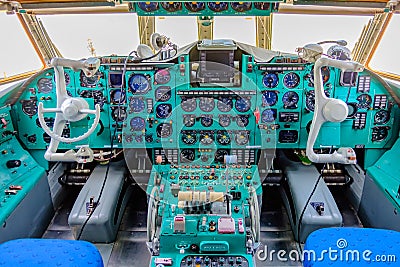 Chkalovski Airport, MOSCOW REGION, RUSSIA - AUGUST 19, 2018: Overview interrior pilot`s cockpit of military transport aircraft IL Editorial Stock Photo