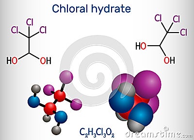 Chloral hydrate. geminal diol, anesthetic molecule. A synthetic monohydrate of chloral, hypnotic and sedative, anticonvulsive drug Vector Illustration