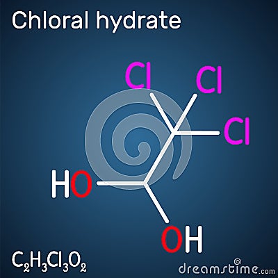 Chloral hydrate. geminal diol, anesthetic molecule. A synthetic monohydrate of chloral, hypnotic and sedative, anticonvulsive drug Vector Illustration